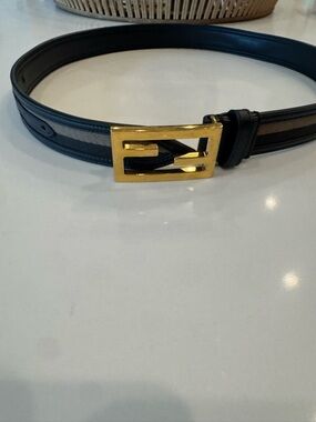 Fendi Black Baguette Leather $ Fabric Belt with Gold Fendi Logo Buckle